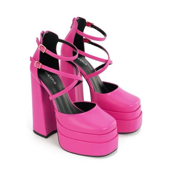 ALICEPUB Women's Chunky Platform Heels Ankle Strap Square Toe Size 8.5 - Picture 4 of 12